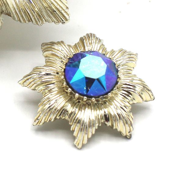 Vintage 1940s Garne Aurora Borealis Blue Swarovski Brooch Earring Jewelry Set - Picture 6 of 11